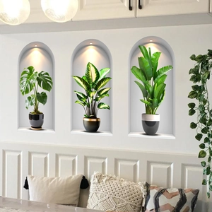 3D Visual Arched Niche Potted Plants Wall Stickers PVC Self Adhesive Waterproof Greenery Tropical Leaf Decor