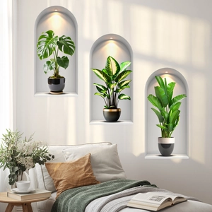 Modern potted greenery wall decals featuring monstera and crane flower in niche alcoves