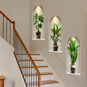 3D tropical plant wall stickers featuring monstera and banana leaves in recessed niches