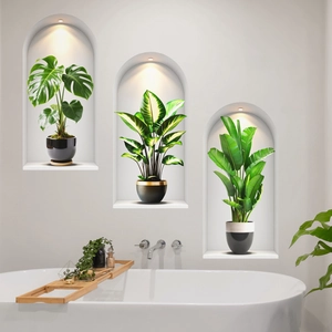 Set of 3D wall stickers featuring tropical green plants in arched wall niches
