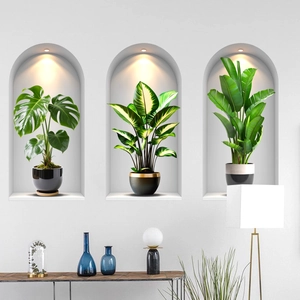 Three-piece 3D tropical potted plant wall stickers featuring Monstera and Bird of Paradise