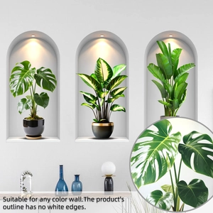 Macro detail of tropical plant wall decals featuring realistic leaf textures and borderless design