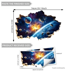 3D outer space wall decals showing finished 74x48cm layout versus 60x30cm sheet size
