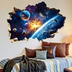 3D outer space wall decal with planets and asteroids through a broken wall effect