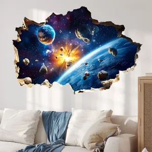 Adesivo murale 3D spazio con effetto muro rotto realistico e pianeti dell'universo