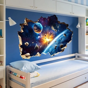 Detailed 3D cosmic wall sticker featuring blue planets and meteorites in a modern kid's bedroom