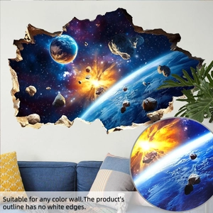 3D space wall sticker showing the Earth and galaxy with a realistic cracked wall effect