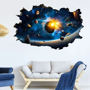 Detailed 3D cosmic wall decal showing space galaxy and broken wall effect for living room