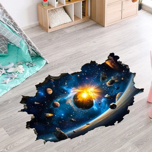 Detailed view of 3D cosmic planet wall sticker with broken hole effect on floor