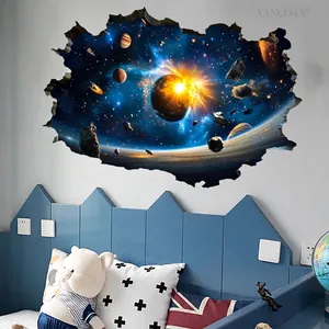 3D outer space wall decal with realistic broken wall effect and cosmic planet design