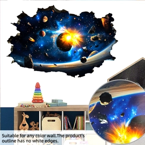 Detail showing 3D space planet wall sticker with broken wall effect on various wall colors