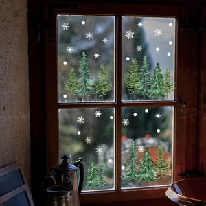 Christmas tree and snowflake static window stickers set with watercolor textures