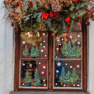 Watercolor Christmas tree and snowflake static window clings for holiday home decoration