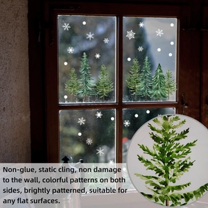 Macro detail of cartoon snowy pine tree window stickers with electrostatic double-sided print