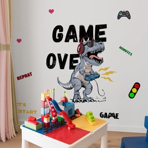 Cartoon blue dinosaur gaming wall sticker with game controller and game over typography