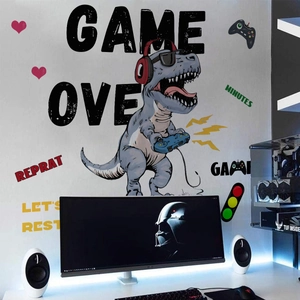 Gamer wall sticker with cartoon dinosaur holding a controller and Game Over text