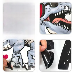 Detail of waterproof cartoon dinosaur wall sticker showing front and reverse side layers