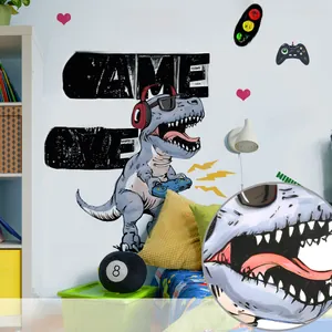 Detail of self-adhesive gaming wall sticker showing a blue dinosaur with game controller