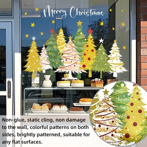 Detail of Christmas tree static window clings with Merry Christmas text on glass