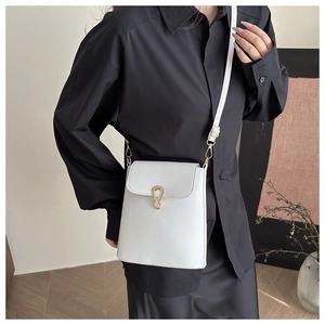 Close-up of white lychee texture shoulder bag with elegant gold horseshoe metal buckle