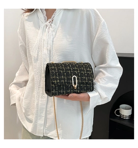 Detail of tweed crossbody bag featuring black gold weave and stylish oval buckle