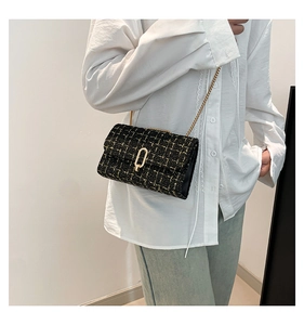 Détail du sac bandoulière en tweed avec boucle dorée et bandoulière chaîne
