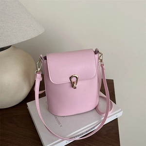 Simple Fashion PU Leather Bucket Shoulder Bag For Women Large Capacity Solid Color Stitching Crossbody Bag Lady Handbag