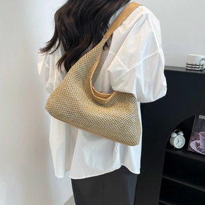 Vintage woven hobo tote bag in beige with PU shoulder strap and large capacity