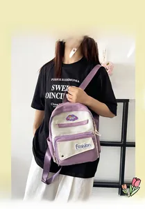 Detail of a purple and white contrast backpack featuring cute fashion cloud patches