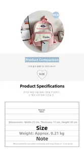 Size comparison of pink nylon backpack with mobile phone and product specifications