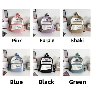 Collection of minimalist backpacks shown in six vibrant colors with fashion patches