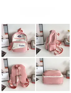 Multiple views showing pink and white school backpack with multi-pocket design