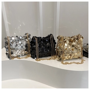 Detailed comparison of sequin shoulder bags in silver, gold, and black with chain straps