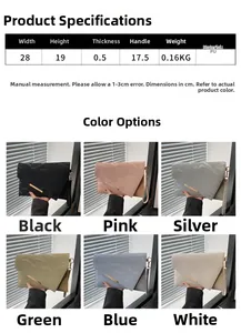 Guide des tailles pour pochette en cuir PU avec dimensions, poids et six coloris