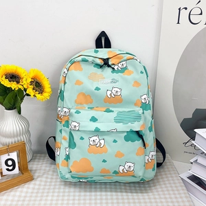 Sac à Dos en Nylon Imprimé Ours et Nuage de Dessin Animé Mignon Sac d'École de Grande Capacité pour Filles Femmes Voyage Décontracté Sac à Bandoulière Mode