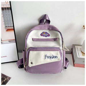 Close-up of contrast purple and white nylon mini backpack with Fashion Sport emblem