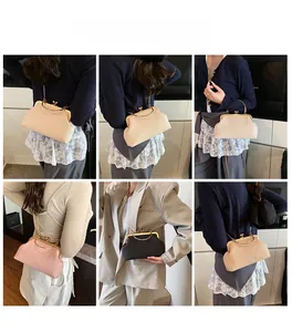 Multiple views of women's woven trapezoid crossbody bag with metal kiss-lock and chain strap