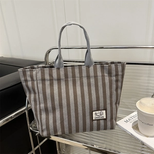 Women Corduroy Striped Tote Bag Retro Casual Handbag With Camping Patch Magnetic Closure Large Capacity Commuting Shoulder Bag