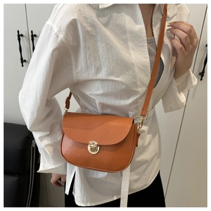 Close-up of brown saddle bag with lychee texture leather and golden buckle detail