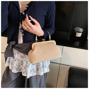 Détail du sac coquillage tissé beige avec poignée dorée et bandoulière en chaîne