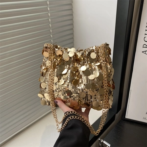 Women Sequin Evening Bag Trendy Metal Chain Square Crossbody Bag Shiny Round Sequins Shoulder Handbag For Party Banquet Lady Fashion Purse