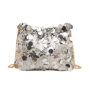Chic silver sequin evening bag with gold chain strap for party and gala wear