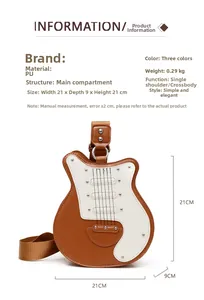 Detailed view of guitar-shaped crossbody bag with rivet accents and dimensions