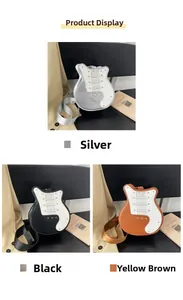 Detailed comparison of guitar-shaped crossbody bags in silver, black and tan PU leather