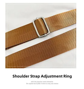 Detailed macro view of adjustable brown woven strap with silver metal buckle on violin bag