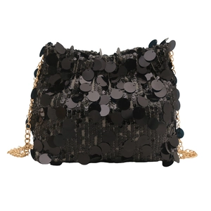 Chic black sequin cloud bag with gold chain strap for women, elegant evening shoulder purse