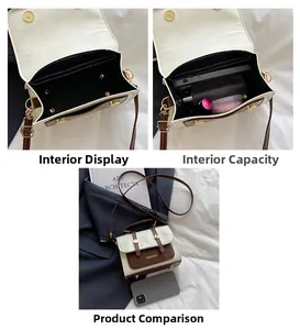 Internal view of retro crossbody bag showing capacity for phone and lipstick