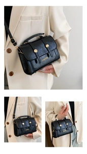 Detailed views of a black faux leather crossbody bag with gold hardware and fashion embossing