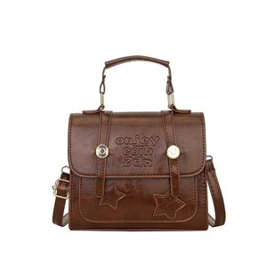 Vintage brown PU leather messenger bag with gold hardware and top handle for women