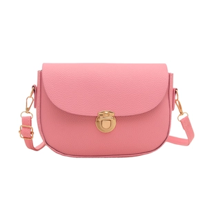 Pink lychee grain saddle bag with gold metal lock and adjustable shoulder strap for women